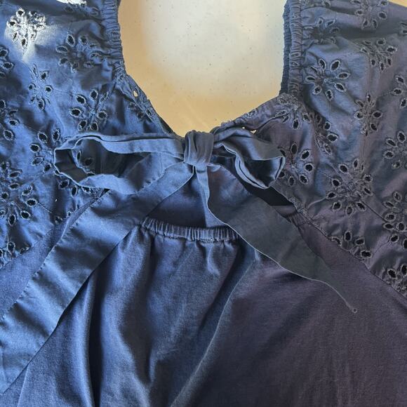 J. Crew Eyelet Puff Sleeve peasant embroidered top Medium Navy Blue Bow back - Picture 11 of 11
